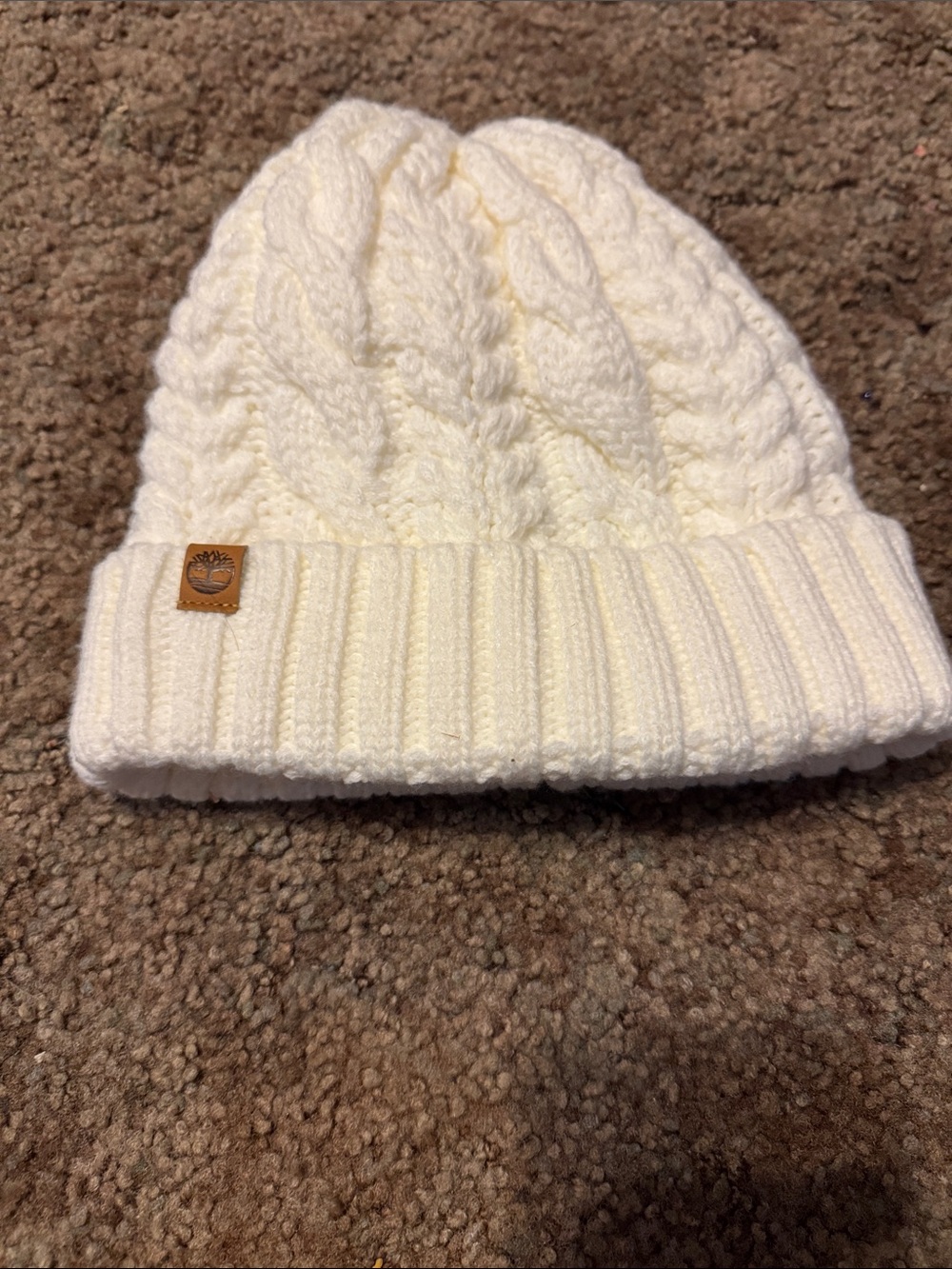 Timberland Woman’s  Cream Cable Knit Beanie with Logo Patch